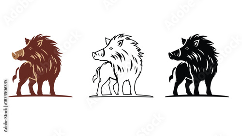 A set of boar silhouettes in different colors and styles on white