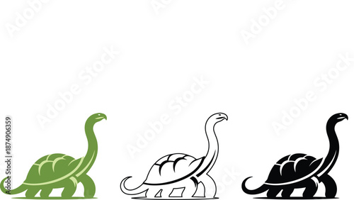 Three colorful brontosaurus dinosaur silhouettes in different colors side by side