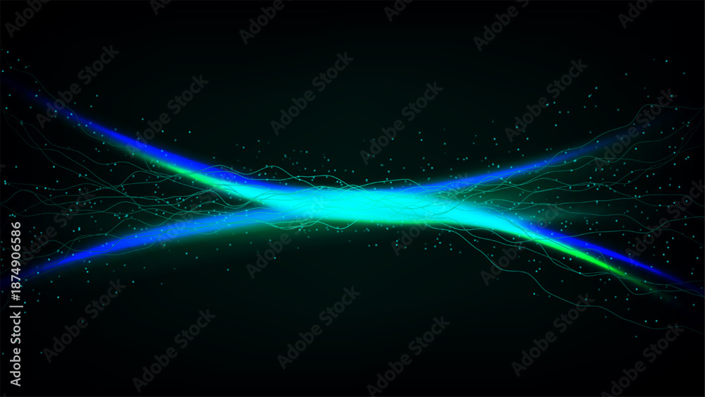Obraz premium Futuristic energy flow with intersecting neon lines and shimmering dust on black background