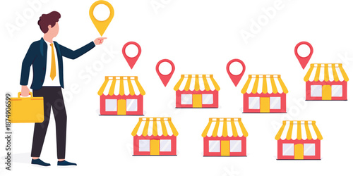 businessman holding magnifying glass for investment with small business or franchise branch expansion strategy of financial marketing planning vector illustrator