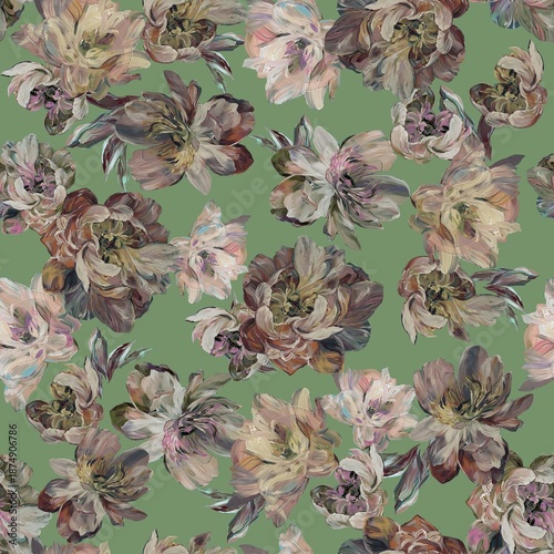 Abstract watercolor flower creative allover design new concept textile design digital creators art design repeating seamless floral pattern design dusty green colour background stock design