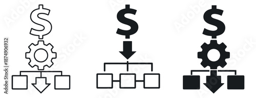 Outline and solid style financial process icon set featuring a dollar sign, gear, and flow diagram for business management concepts