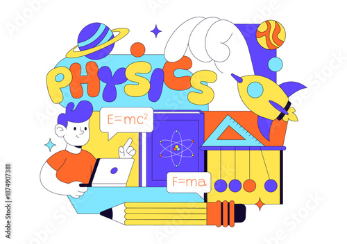 Physics Education Vector Illustration Showing Students Investigating Electricity, Magnetism, Light Waves, Forces, Scientific Technology Exploration