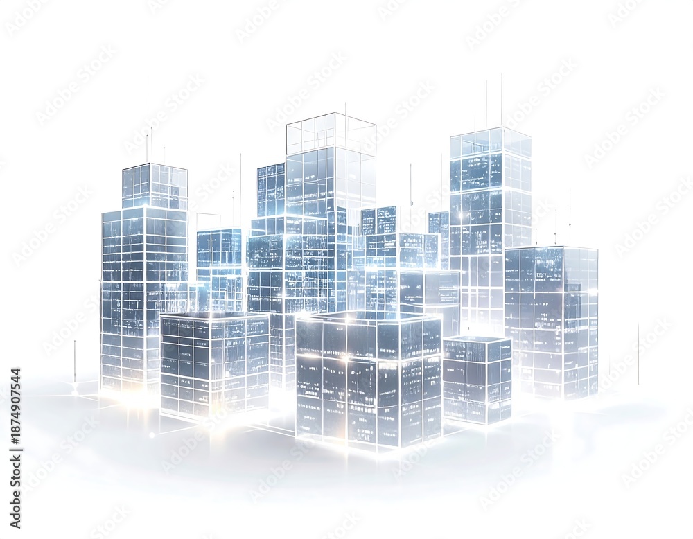 Naklejka premium Futuristic city illustration, translucent buildings with interior glow, isolated on white