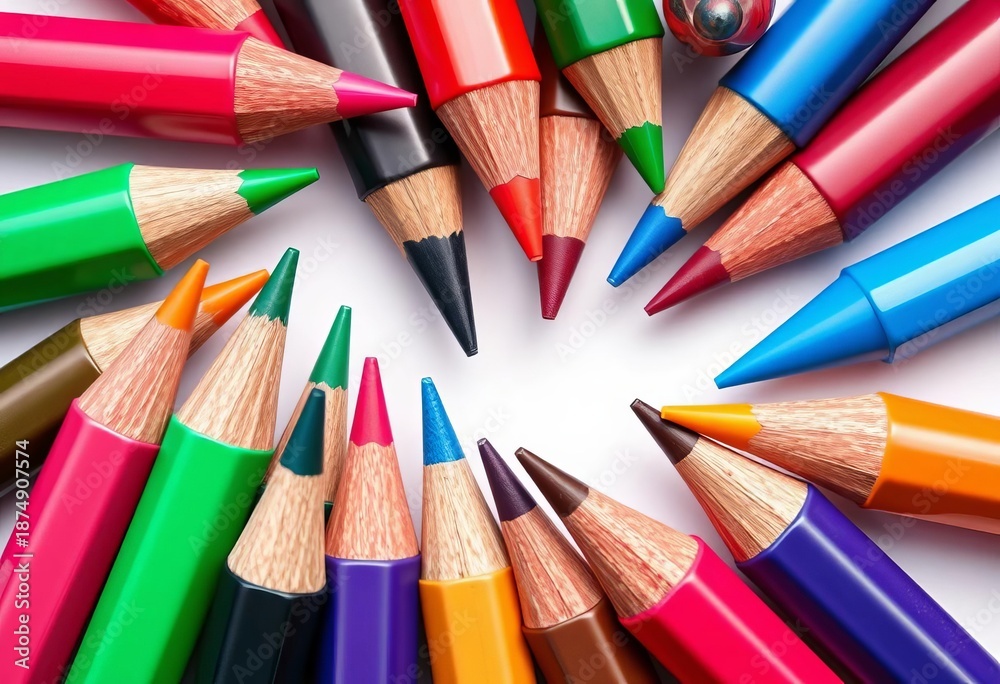 Fototapeta premium Close-up of colorful vector marker pen tips, arranged artistically on white background, pen, pointed