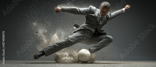A forceful kick at a soccer ball by a corporate executive dressed in a stylish suit serves as a metaphor for strategic play in the business world.