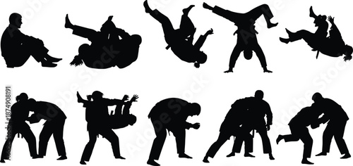 Martial arts fighting silhouettes with throws, flips and grappling techniques, combat sport training action poses black vector set