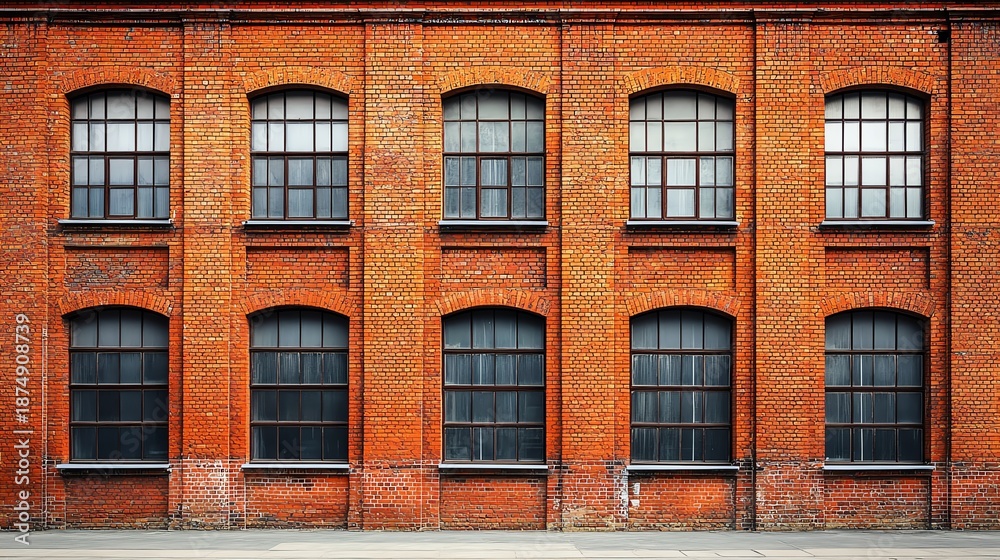 Fototapeta premium Industrial red brick wall with large windows.