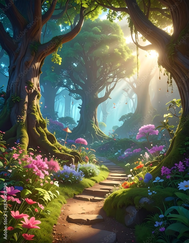 Naklejka premium Serene enchanted forest scene with sunlight and a winding path