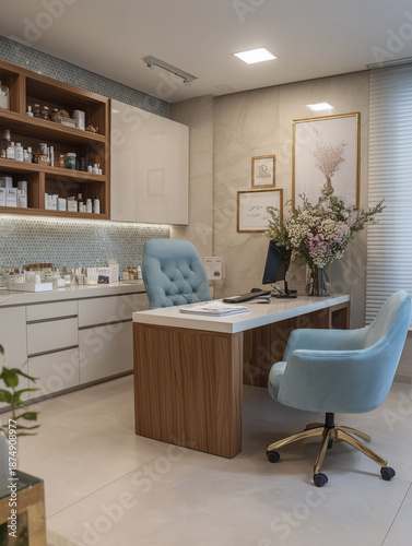 Contemporary Office Reception With Blue Upholstered Chairs, Wooden Desk, And Floral Arrangements In A Modern Clinic
