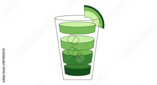 Illustration of a refreshing layered melon soda in a clear glass with ice cubes, isolated against a white background, featuring a vibrant green color palette