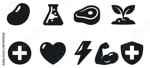 Simple glyph health and nutrition icons set featuring food, science, health, and strength related symbols for diet and wellness concepts