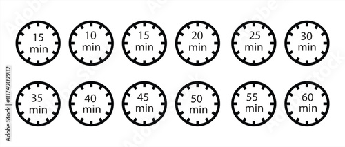 A minute timer icon on a white background. A timer with arrows from 5 minutes to 60 minutes. Time interval. Vector illustration.