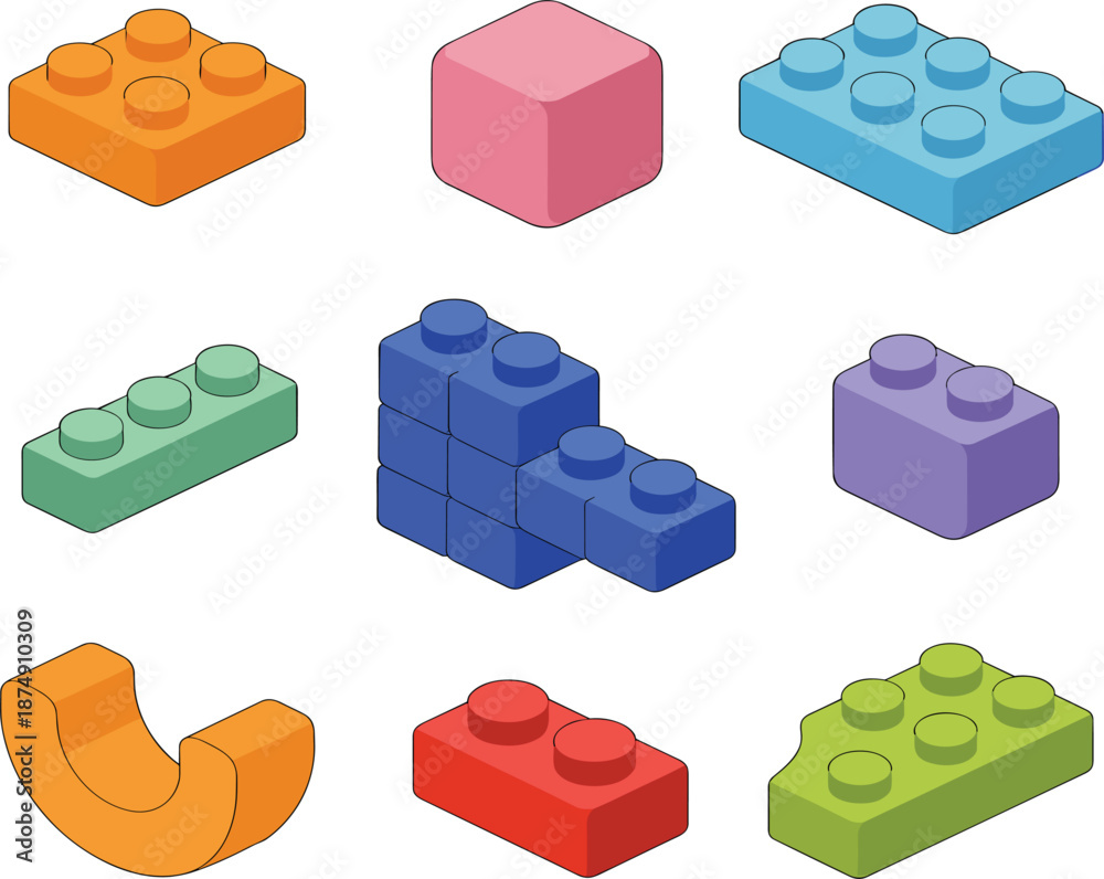 Obraz premium Colorful plastic building blocks and toy bricks set, isometric construction elements for children creativity vector illustration
