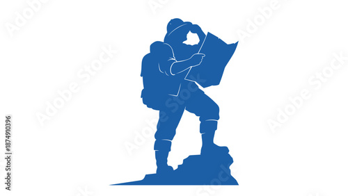 Explorer with map on mountain peak, silhouette, adventure concept