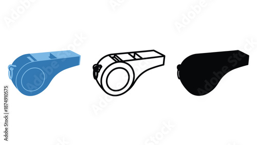 Three different colored whistles on a plain white background