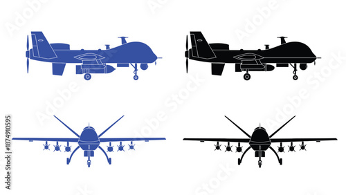 A set of black silhouettes of various military drone aircraft designs
