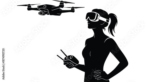 A woman wearing VR goggles controls a drone with a remote controller.