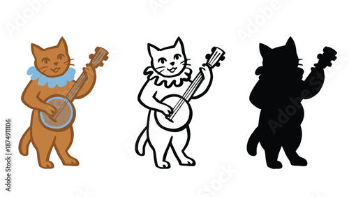 Three cartoon cats playing banjos in different colors and styles together