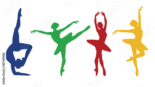 Four colorful silhouettes of ballet dancers in various poses on white background