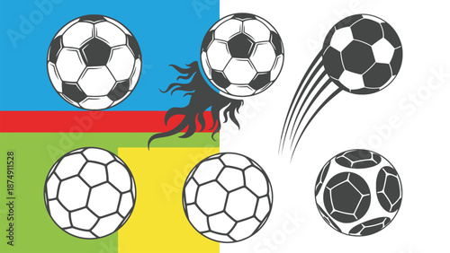 A colorful illustration of soccer balls on a vibrant flag background