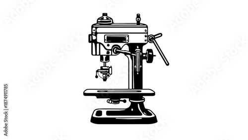 A black and white illustration of an industrial drill press machine
