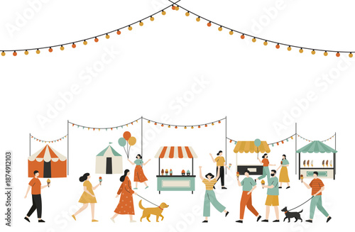 賑やかなフードフェスや夏祭りの会場を楽しむ人々と屋台の背景イラスト素材