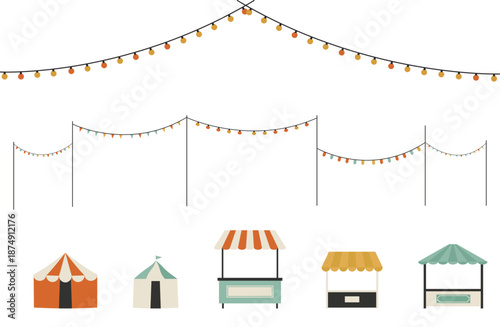 お祭りやイベント会場の設営をイメージした屋台テントと電飾の背景イラスト素材