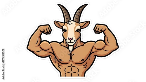Muscular goat upper body illustration featuring a goat with powerful horns in a brown vector art style that blends human strength with nature and wildlife.