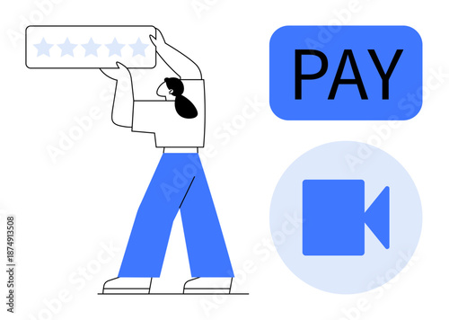 Online shopping, customer feedback, digital payments, video streaming, user experience, and service rating. Person holding a star rating system, payment icon and video symbol. Customer feedback