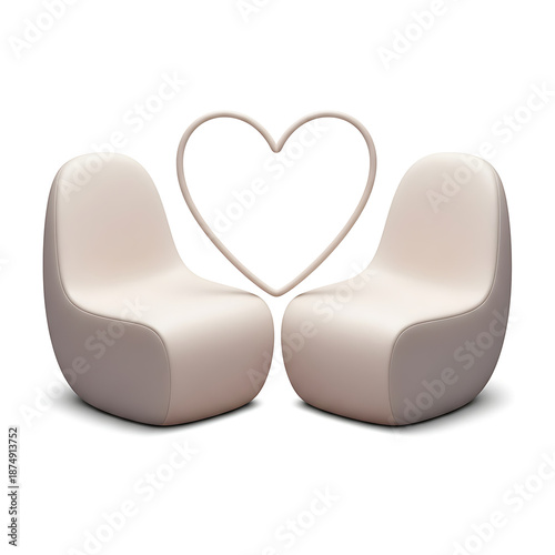 A pair of modern light beige chairs facing each other with a heart symbol overhead