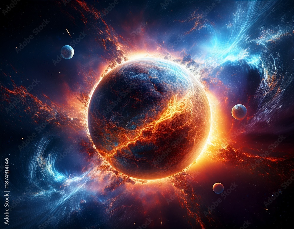 Obraz premium cinematic illustration of a glowing planet exploding in deep space with nebula clouds