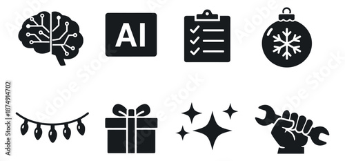 Modern glyph icon set featuring a brain, artificial intelligence, checklist, christmas ornament, string lights, gift, sparkles, and a wrench for various themes