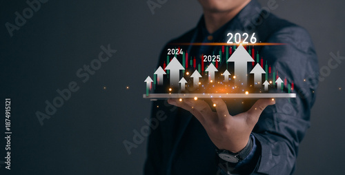 Business growth analysis concept. Person interacting with bar graph forecasting data trends from 2024 to 2026, representing financial planning and market strategy, tax, vat