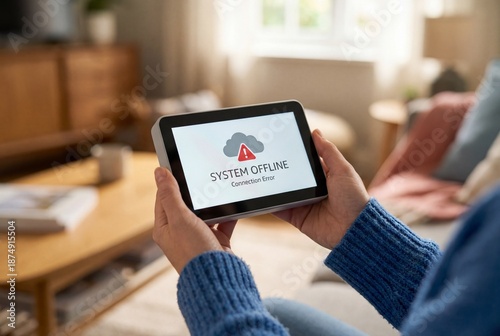 Hands holding smart home control panel displaying system offline and connection error notification