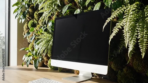 Modern Desktop Computer With Blank Screen on a Wooden Desk Against a Lush Green Living Wall of Ferns and Mosses Illuminated by Natural Sunlight