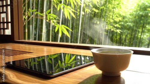 Tranquil Bamboo Forest View From A Window With A Steaming Cup Of Tea And A Tablet On A Wooden Table Bathed In Soft Sunlight Creating A Peaceful Atmosphere