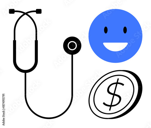 Healthcare, medical costs, economic well-being, patient satisfaction, financial planning, therapeutic care. Stethoscope, smiling face and dollar coin icon. Healthcare and medical costs visualization