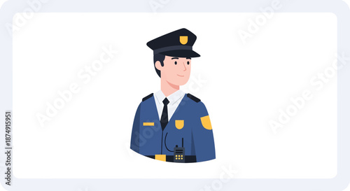 Cartoon illustration of a male police officer or security guard in a blue uniform with a cap and radio.