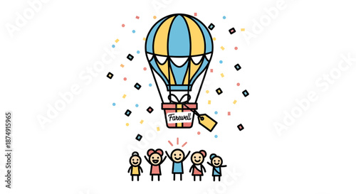 A cute illustration of a hot air balloon carrying a farewell gift box, with confetti falling and five happy people cheering below.