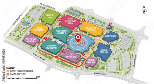A detailed map illustrating the layout of a large convention and exhibition center complex with various halls and conference areas.