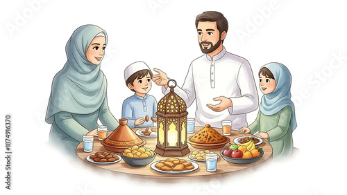 A Muslim family gathers around a table with traditional foods and a lantern during Ramadhan, conveying a sense of togetherness and celebration with warm, festive tones against a clean white