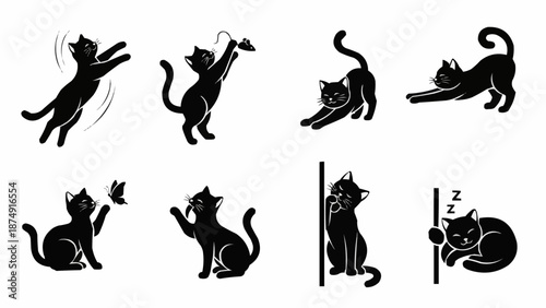 Collection of black cat silhouettes in various playful poses.