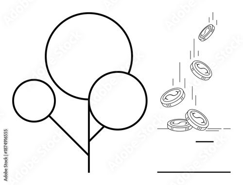 Finance, investment, savings, growth, business, economics. Minimalist tree diagram and coins falling into a pool. Finance and investment concepts with financial growth