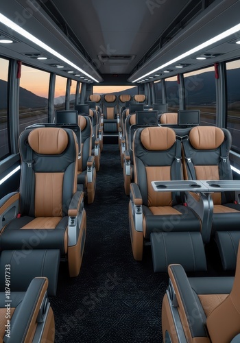 Interior view of a modern luxury passenger transport vehicle showing rows of comfortable seating facing forward