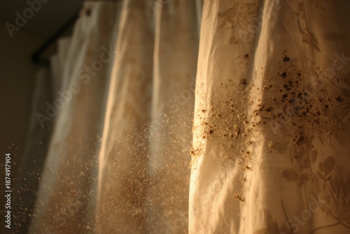A moldy shower curtain, spores releasing when someone pulls it open.