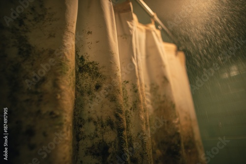 A moldy shower curtain, spores releasing when someone pulls it open.