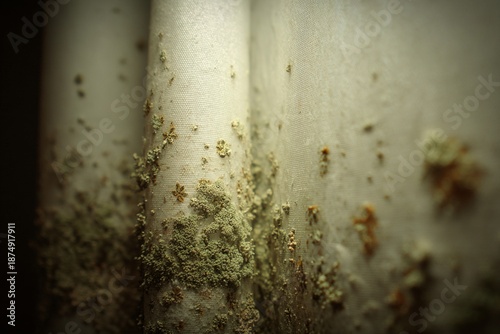 A moldy shower curtain, spores releasing when someone pulls it open.