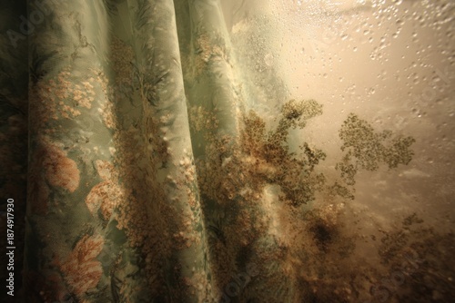 A moldy shower curtain, spores releasing when someone pulls it open.