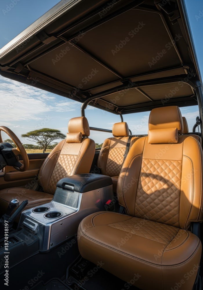 Fototapeta premium Luxury vehicle interior shows quilted tan leather seats overlooking an open landscape